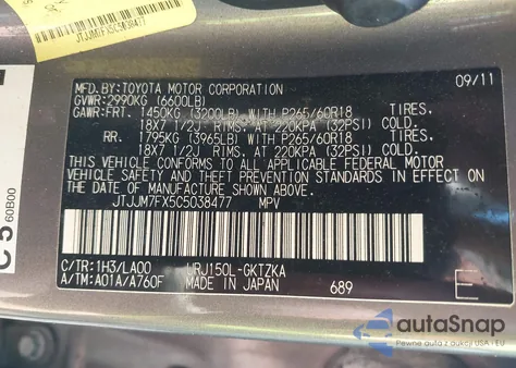 2012 Lexus Gx 460 Premium z USA, uszkodzony, nr VIN JTJJM7FX5C5038477